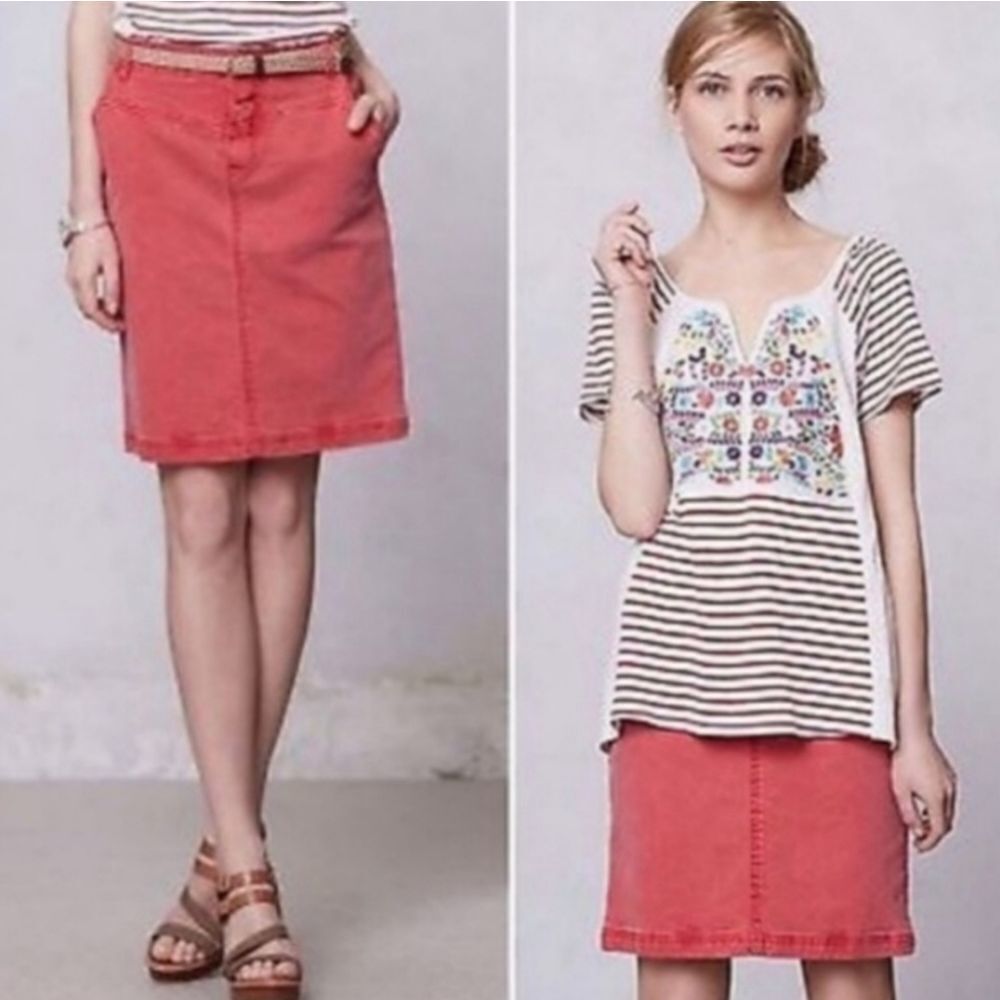 Holding Horses Denim Pencil Skirt Washed Red Stretch 27